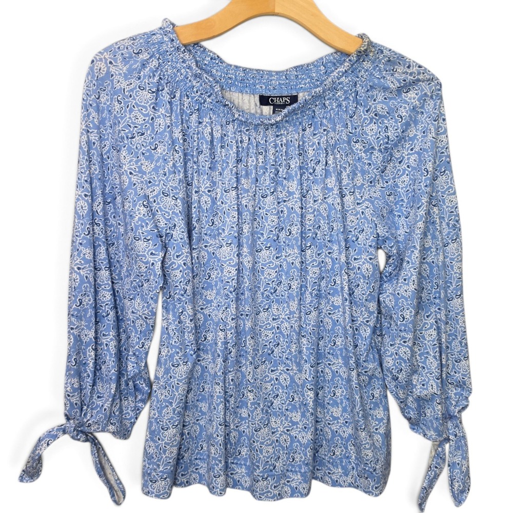 Chaps Top Womens Medium M Blue Paisley Floral Smocked Neck Boho Peasant Blouse